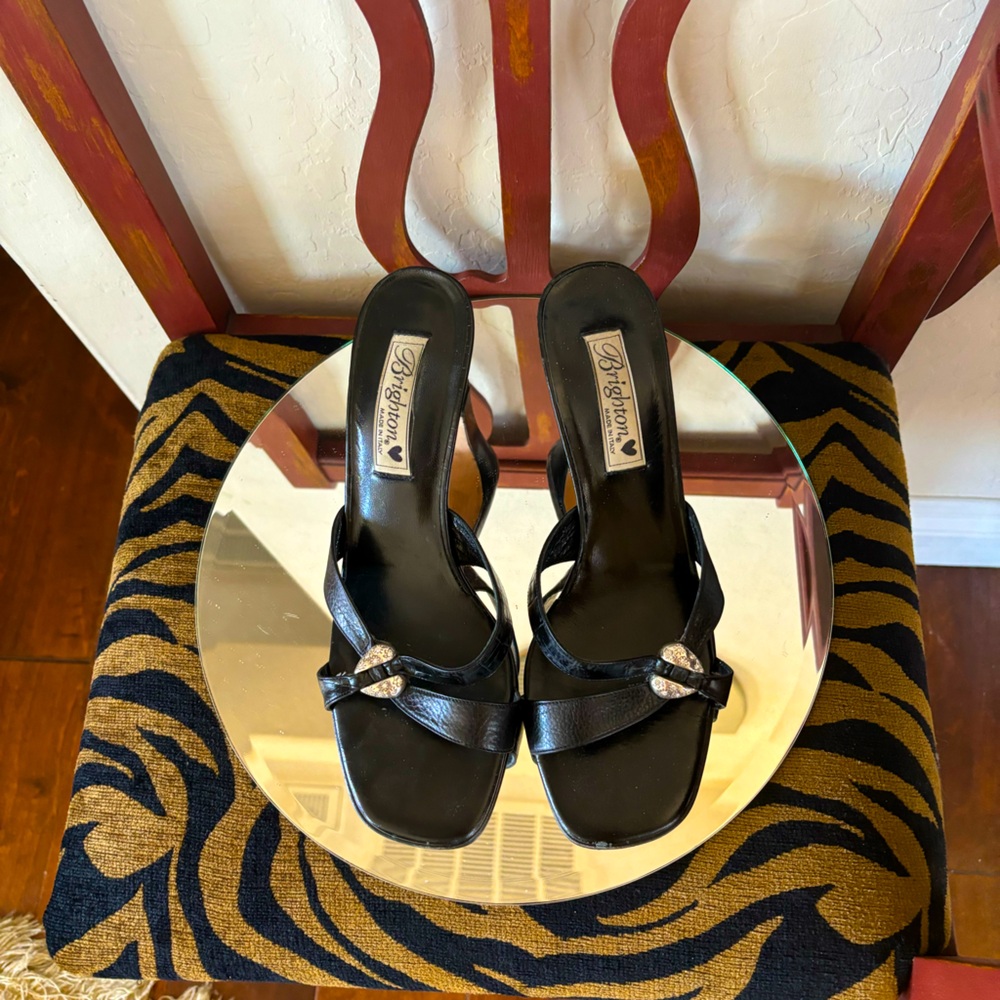 Brighton black strappy slip on heel, Size 9